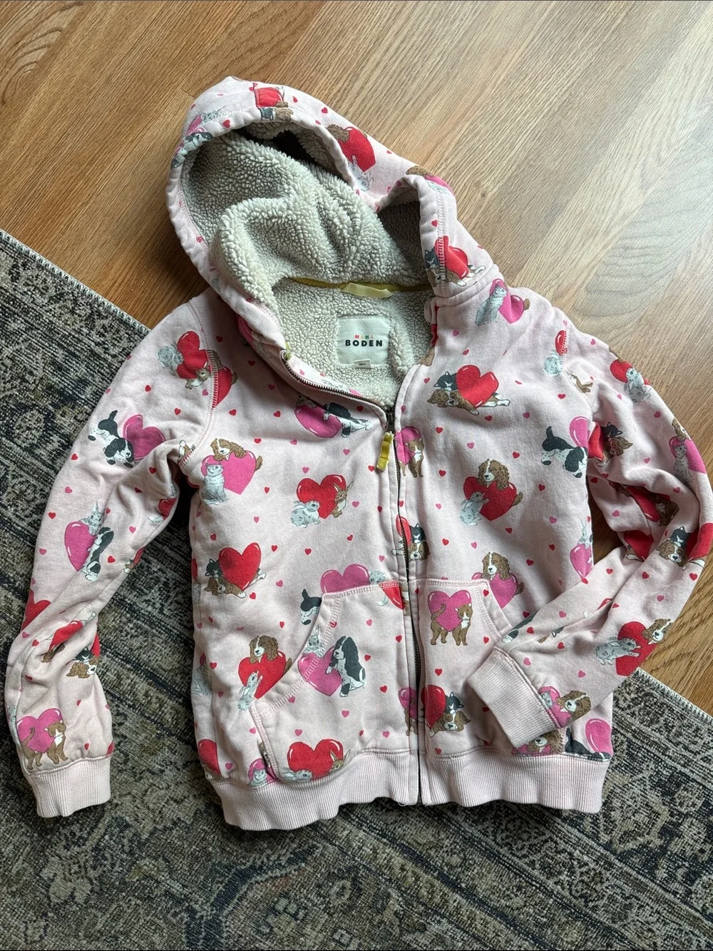 Mini Boden Pink Heart & Puppy Sherpa-Lined Zip Hoodie